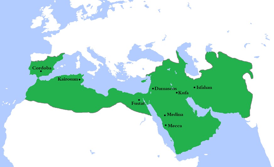 Das Kalifat der Umayyaden zum Zeitpunkt seiner grössten Ausdehnung, Anfang des 8. Jahrhunderts.&nbsp;