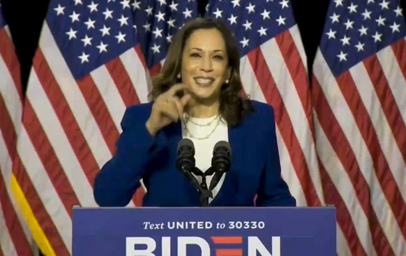 epa08600079 A frame grab image taken from the Biden Harris livestream feed shows California Senator Kamala Harris speaking after being introduced as former US Vice President and presumptive Democratic ...