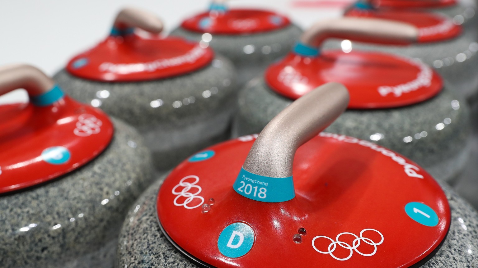 epa06497574 A detail of curling stones at the Gangneung Curling Centre during the PyeongChang 2018 Olympic Games, South Korea, 05 February 2018. EPA/Javier Etxezarreta