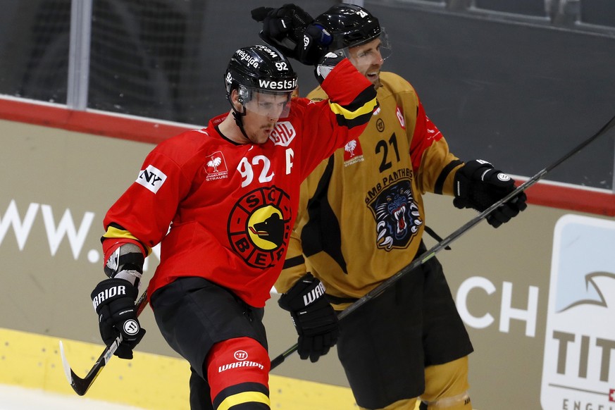 Bern&#039;s Gaetan Haas celebrates after scoring the 3-1 during the Champions Hockey League group F match between Switzerland&#039;s SC Bern and Great Britain&#039;s Nottingham Panthers, in Bern, Swit ...