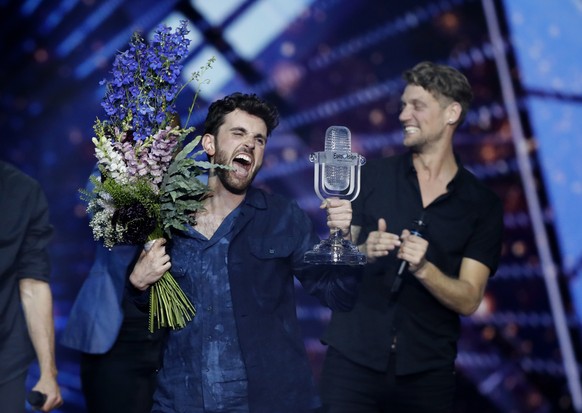 Duncan Laurence of the Netherlands celebrates after winning the 2019 Eurovision Song Contest grand final in Tel Aviv, Israel, Saturday, May 18, 2019. (AP Photo/Sebastian Scheiner)