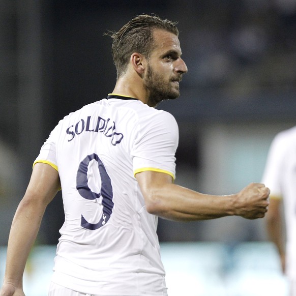 Roberto Soldado of Tottenham celebrates his goal against AEL during their Europa League play-offs first leg soccer match at Antonis Papadopoulos stadium in Larnaca, Cyprus, Thursday, Aug. 21, 2014. (A ...