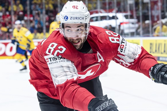 Switzerland&#039;s Simon Moser during the game between Sweden and Switzerland, at the IIHF 2019 World Ice Hockey Championships, at the Ondrej Nepela Arena in Bratislava, Slovakia, on Saturday, May 18, ...