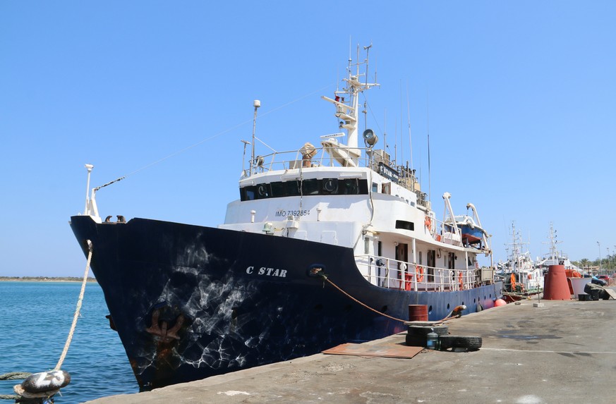 epa06112800 The ship C-Star of far-right wing organisation Defend Europe is anchored in Famagusta Port, Northern Cyprus, 27 July 2017. The C-Star is a ship hired by a European far-right movement aimin ...