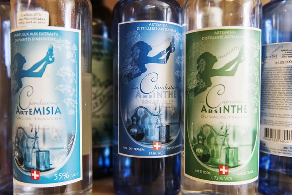 Absinthe products of the Artemisia distillery, pictured on August 13, 2013, in the absinthe distillery Artemisia in Couvet in Val-de-Travers, canton of Neuchatel, Switzerland. (KEYSTONE/Christian Beut ...