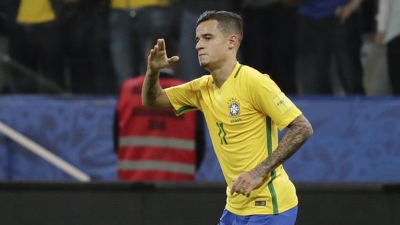 Brazil&#039;s Philippe Coutinho celebrates scoring his side&#039;s first goal against Paraguay during their 2018 World Cup qualifying soccer match at the Arena Corinthians Stadium in Sao Paulo, Brazil ...