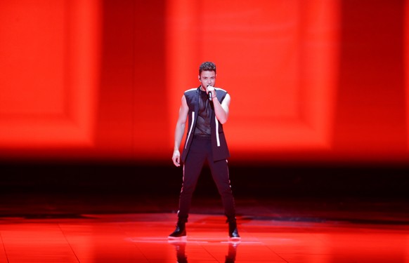 epa07577055 Contestant Luca Haenni of Switzerland performs during the Second Semi-Final of the 64th annual Eurovision Song Contest (ESC) at the Expo Tel Aviv, in Tel Aviv, Israel, 16 May 2019. The Gra ...