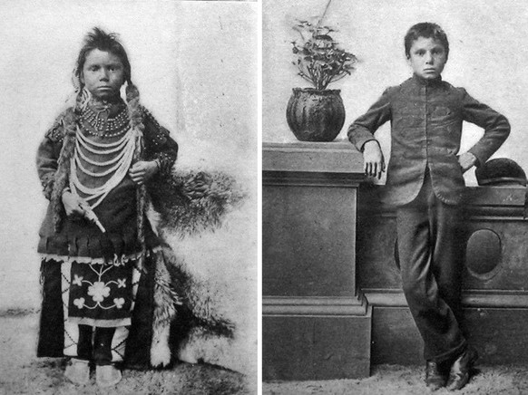 Links: Thomas Moore, wie er bei seiner Aufnahme in die Regina Industrial Residential School aussah, Provinz Saskatchewan, 1896. rechts: Thomas Moore nach seiner «Assimilation».