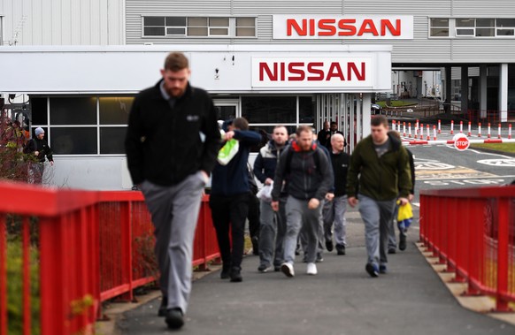 epa07418905 (05/66) Nissan employees exit the Nissan motor plant in Sunderland, Britain, 13 February 2019. Nissan which employs eight thousand staff in Sunderland has warned a hard Brexit or no deal B ...