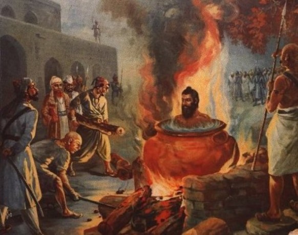 Das Martyrium des Sikhs Bhai Dayala, der sich weigerte, zum Islam zu konvertieren, 1675 in Delhi.