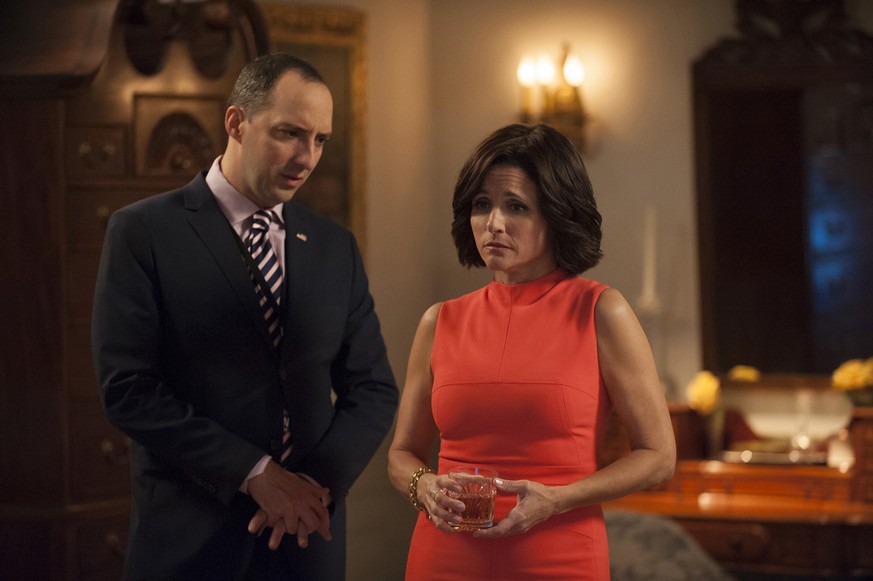 This image released by HBO shows Tony Hale, left, and Julia Louis-Dreyfus in a scene from &quot;Veep.&quot; The series was nominated for a Golden Globe award for best TV musical or comedy on Monday, D ...