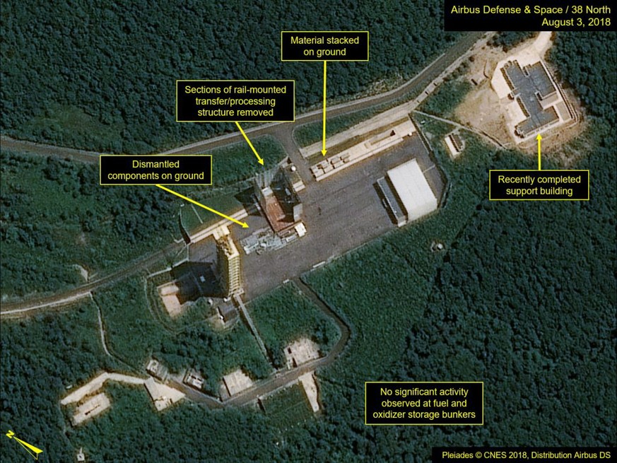 epa06934484 This satellite image, dated 03 August 2018, and provided by 38 North on 08 August 2018, shows key facilities being dismantled at the Sohae satellite launch site, North Korea&#039;s main mi ...
