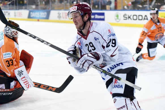 Riga`s goalgetter Danny Kristo celebrates after scoring 2:1 during the game between Haemeenlinna PK and Dinamo Riga at the 91th Spengler Cup ice hockey tournament in Davos, Switzerland, Wednesday, Dec ...