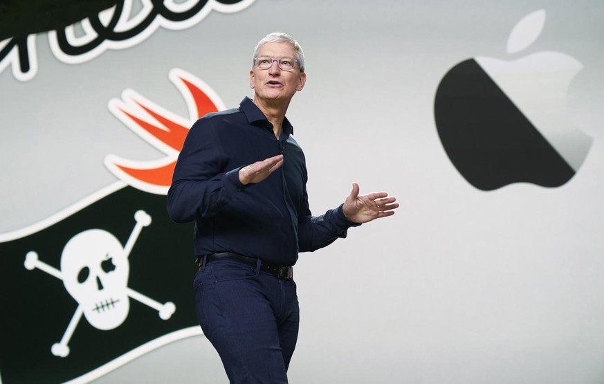epa08502357 Handout image released by Apple showing Apple CEO Tim Cook as he delivers the keynote address during the 2020 Apple Worldwide Developers Conference (WWDC) at Steve Jobs Theater in Cupertin ...