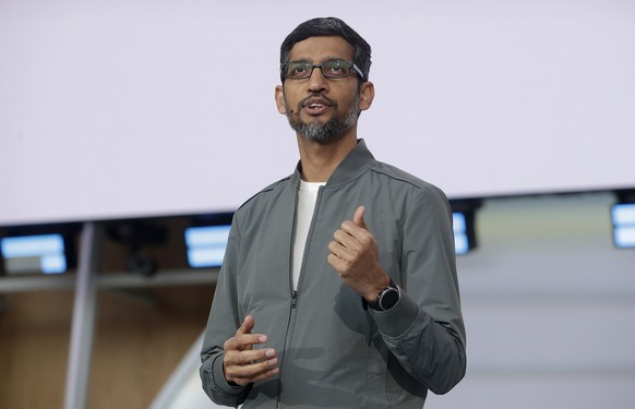 FILE - In this May 7, 2019 file photo, Google CEO Sundar Pichai speaks during the keynote address of the Google I/O conference in Mountain View, Calif. Google co-founders Larry Page and Sergey Brin ar ...