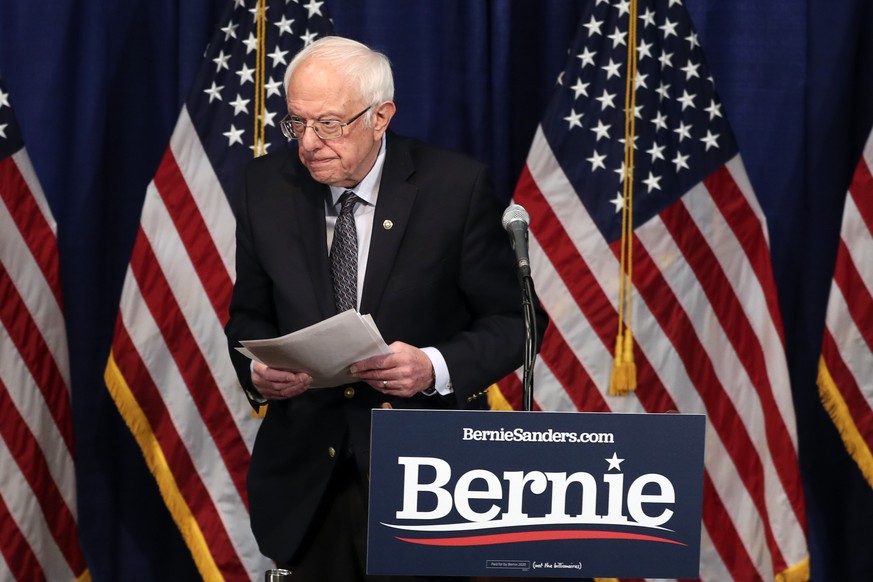 Democratic presidential candidate, Sen. Bernie Sanders, I-Vt., walks from the podium after speaking to reporters on Wednesday, March 11, 2020, in Burlington, Vt. (AP Photo/Charles Krupa)
Bernie Sander ...