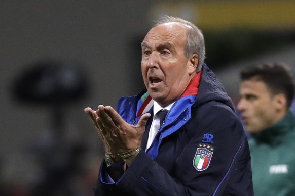 FILE - In this Monday, Nov. 13, 2017 file photo, Italy coach Gian Piero Ventura gestures during the World Cup qualifying play-off second leg soccer match between Italy and Sweden, at the Milan San Sir ...