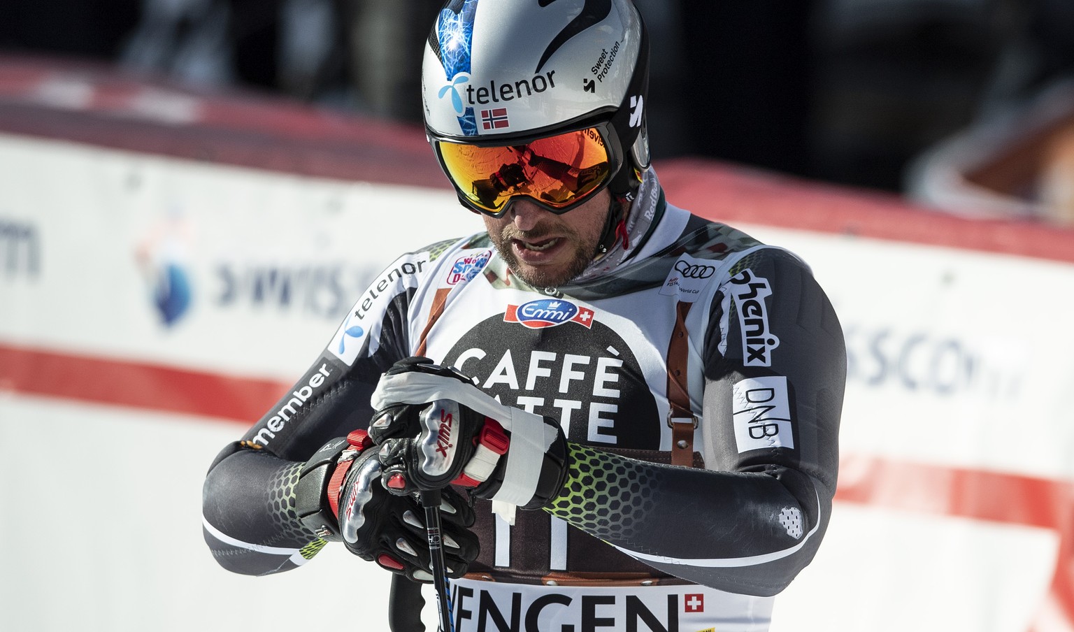 Aksel Lund Svindal of Norway reacts in the finish area during a training session of the men&#039;s downhill race at the Alpine Skiing FIS Ski World Cup in Wengen, Switzerland, this Wednesday, January  ...