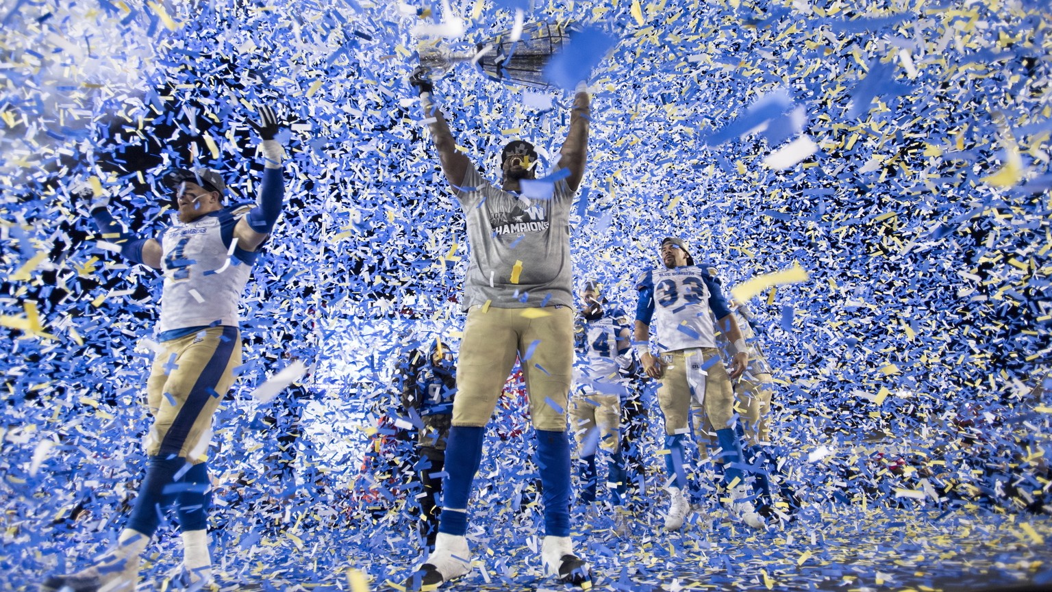 The Winnipeg Blue Bombers celebrate winning the Grey Cup CFL football championship against the Hamilton Tiger Cats, Sunday, Nov. 24, 2019, in Calgary, Alberta. (Nathan Denette/The Canadian Press via A ...