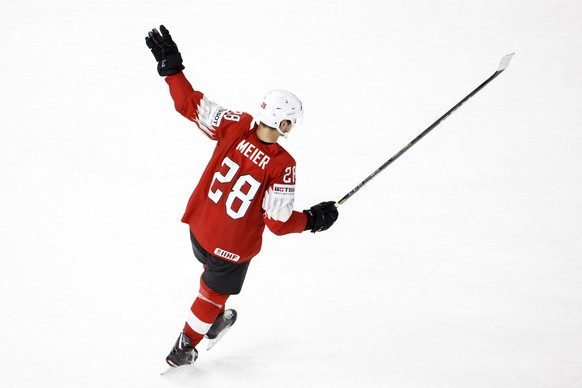 Switzerland&#039;s forward Timo Meier cheers his supporters after Switzerland team beating Belarus, during the IIHF 2018 World Championship preliminary round game between Switzerland and Belarus, at t ...