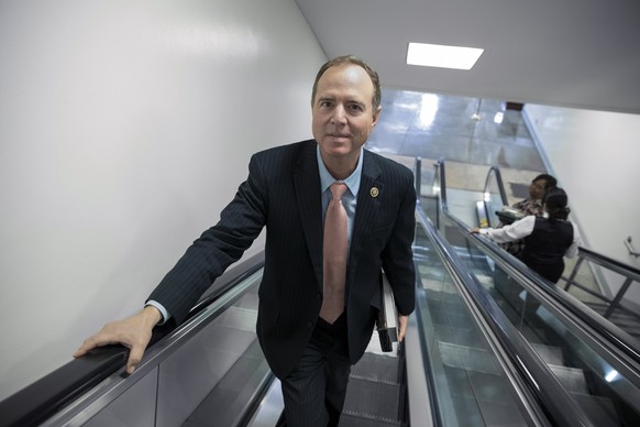 epa05990254 House Intelligence Committee ranking member, Democratic Representative from California Adam Schiff rides an escalator on Capitol Hill in Washington, DC, USA, 25 May 2017. Schiff has said t ...