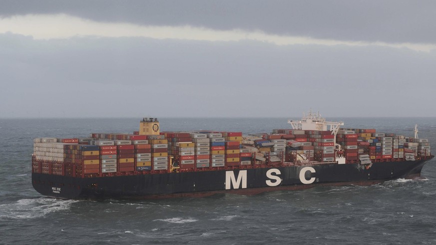 Aerial photo provided by the Central Command for Maritime Emergencies Germany shows container vessel MSC ZOE near the German North Sea island of Borkum Wednesday, Jan. 2, 2019. The Dutch coast guard s ...