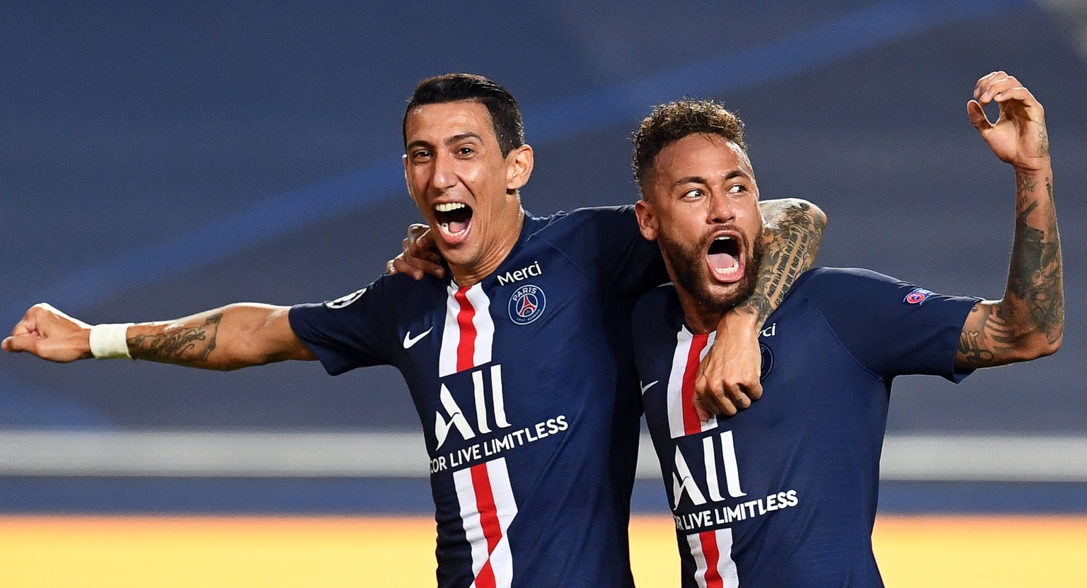 epa08611493 Angel di Maria (L) of PSG celebrates with teammate Neymar (R) after scoring the 2-0 lead during the UEFA Champions League semi final match between RB Leipzig and Paris Saint-Germain in Lis ...