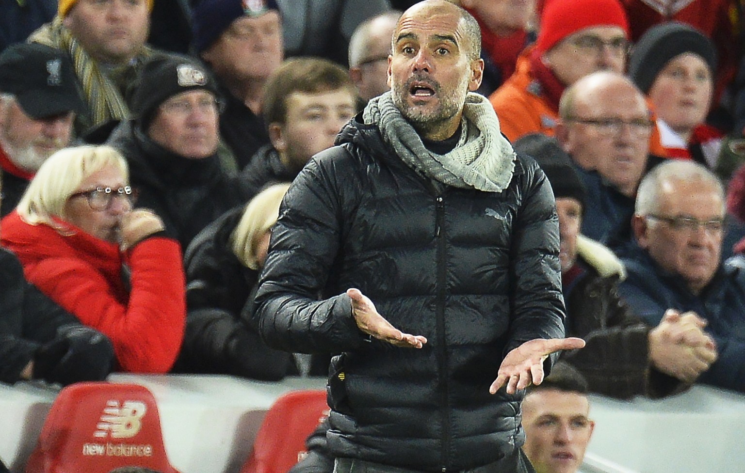 epa07986751 Manchester City manager Pep Guardiola reacts during the English Premier League soccer match between Liverpool FC and Manchester City in Liverpool, Britain, 10 November 2019. EPA/PETER POWE ...