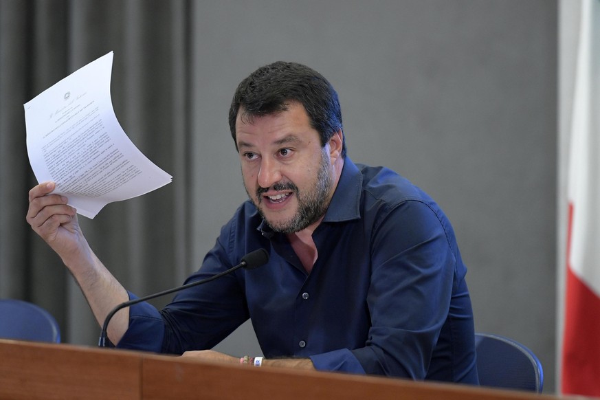 epa07675238 Italian Deputy Premier and Interior Minister, Matteo Salvini, attends a press conference at the Viminale Palace in Rome, Italy, 26 June 2019. EPA/LUIGI MISTRULLI