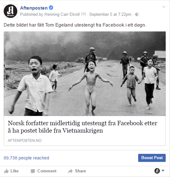 Facebook entfernt das berühmteste Bild des Vietnam-Krieges von der Seite der norwegischen Zeitung Aftenposten. Der Chefredaktor schreibt darauf einen offenen Brief. Bildquelle: http://www.aftenposten. ...
