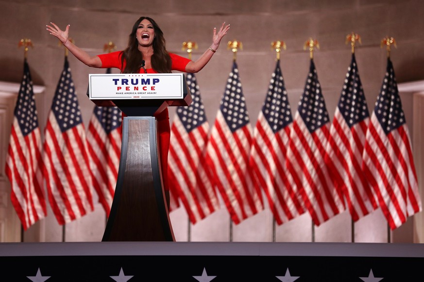 epa08623540 Kimberly Guilfoyle pre-records her address to the Republican National Convention at the Mellon Auditorium in Washington, DC, USA, 24 August 2020. Due to the coronavirus pandemic the Republ ...