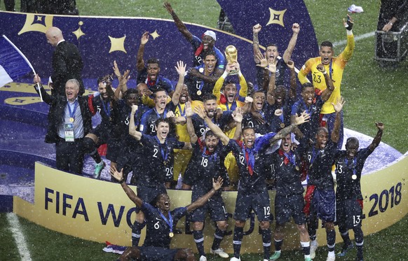 French players celebrate with the trophy at the end of the final match between France and Croatia at the 2018 soccer World Cup in the Luzhniki Stadium in Moscow, Russia, Sunday, July 15, 2018. (AP Pho ...