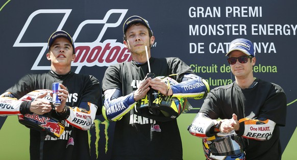 Keine grosse Siegerfeier: Marc Marquez (l.), Valentino Rossi) und Dani Pedrosa (r.).