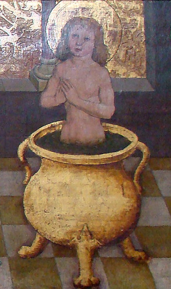 Das Martyrium des hl. Veit im Kessel mit siedendem Öl, Darstellung vom Veitsaltar (1514/17) der Veitskirche in Flein.