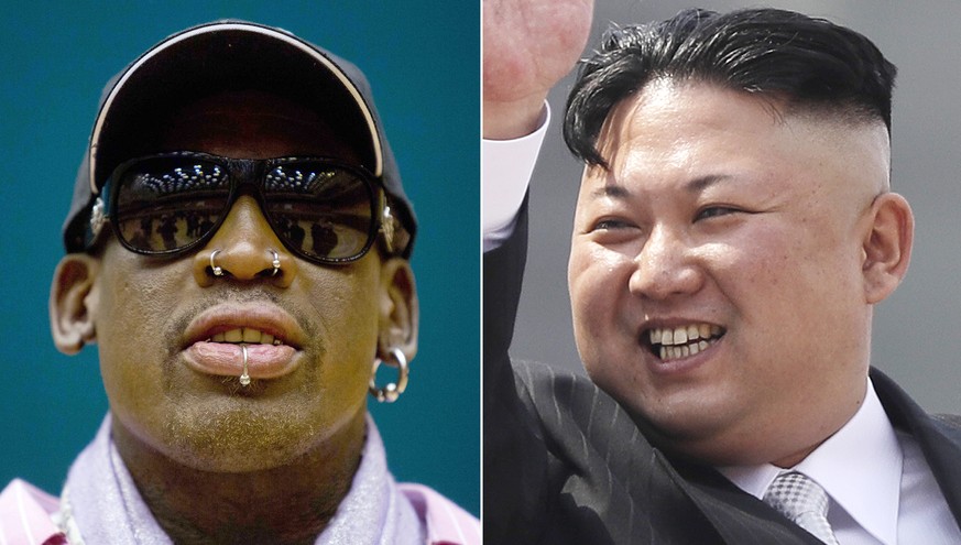 This combination of file photos shows former NBA basketball star Dennis Rodman in Pyongyang, North Korea on Dec. 20, 2013, left, and North Korean leader Kim Jong Un in Pyongyang on April 15, 2017. Nor ...