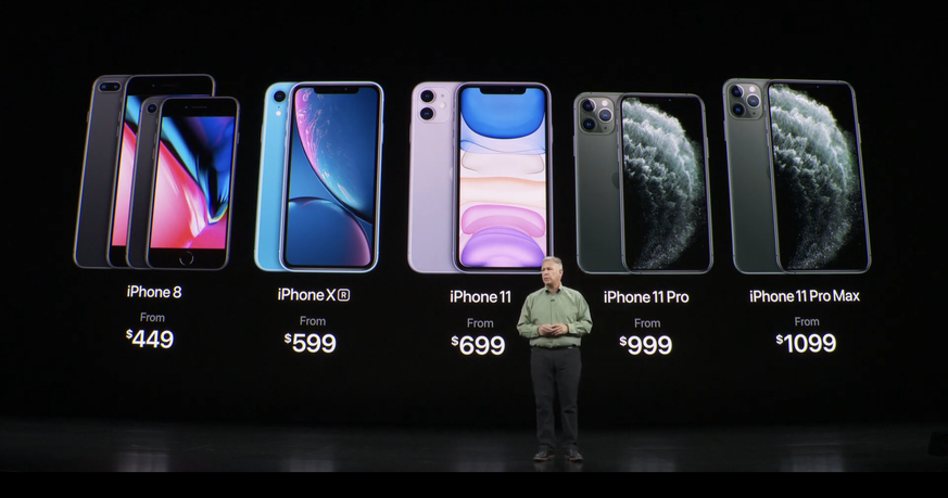 Apples Marketingchef Phil Schiller vor dem neuen iPhone-Portfolio.