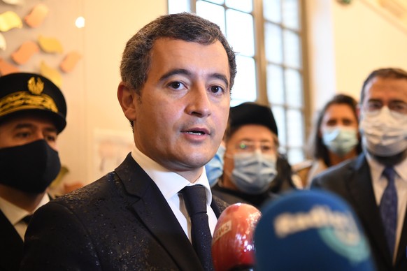 epa08700453 French Interior Minister Gerald Darmanin speaks to the press during a visit at the synagogue of Boulogne-Billancourt, a suburb of Paris, France, 27 September 2020. EPA/BERTRAND GUAY / POOL ...