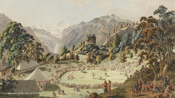 Das erste Unspunnenfest 1805, kolorierte Umrissradierung von Franz Niklaus König.