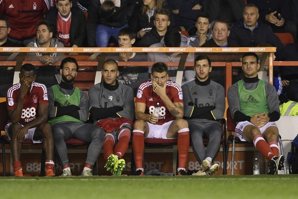 Britain Football Soccer - Nottingham Forest v Arsenal - EFL Cup Third Round - The City Ground - 20/9/16
Nottingham Forest&#039;s Nicklas Bendtner sat on the substitutes bench 
Action Images via Reut ...