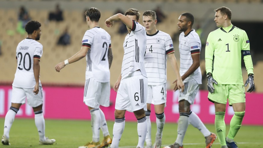 Germany&#039;s players react following the UEFA Nations League soccer match between Spain and Germany in Seville, Spain, Tuesday, Nov. 17, 2020. Spain won the match 6-0. (AP Photo/Miguel Morenatti)
DI ...
