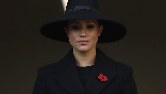 FILE - In this Sunday, Nov. 10, 2019 file photo Meghan, Duchess of Sussex attends the Remembrance Sunday ceremony at the Cenotaph in Whitehall in London. The Duchess of Sussex has revealed that she ha ...