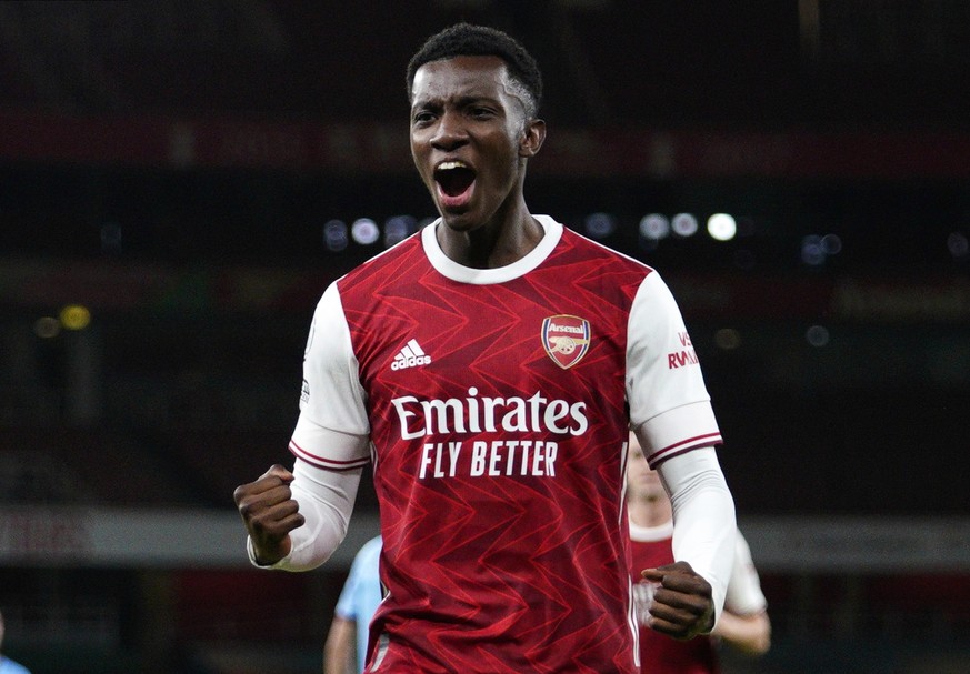 epa08682659 Arsenal?s Eddie Nketiah celebrates after scoring the 2-1 lead during the English Premier League match between Arsenal London and West Ham United in London, Britain, 19 September 2020. EPA/ ...