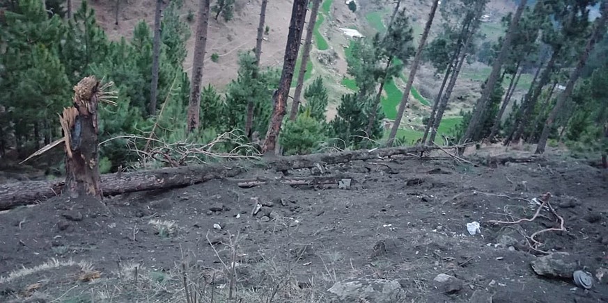 epa07398012 A handout photo made available by the Pakistani military Inter-Services Public Relations (ISPR) shows shows trees damaged after Indian Air Force dropped their payloads near Balakot, Pakist ...