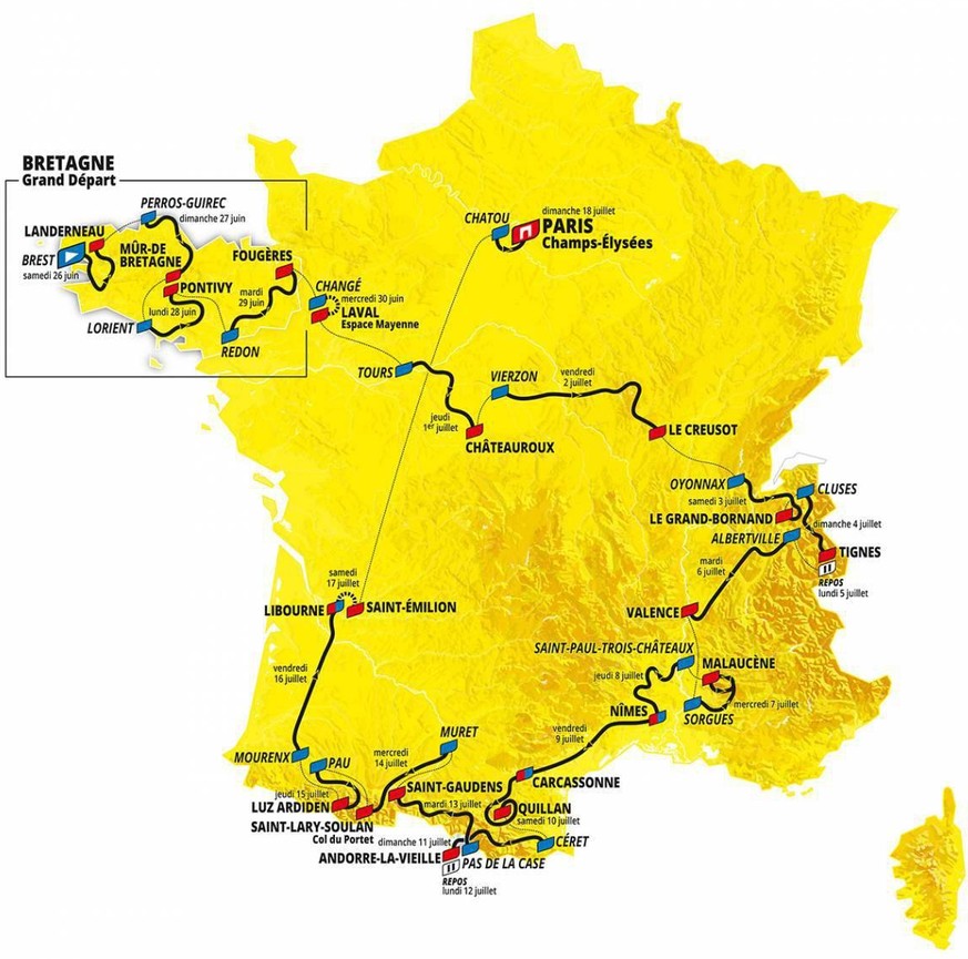Von der Bretagne geht es in die Alpen, in den Süden und in die Pyrenäen, ehe die finale Etappe in Paris auf dem Programm steht.