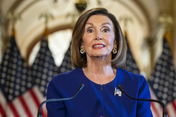 epa07867378 Democratic Speaker of the House from California Nancy Pelosi announces the House will begin a formal impeachment inquiry into US President Donald J. Trump in the US Capitol in Washington,  ...