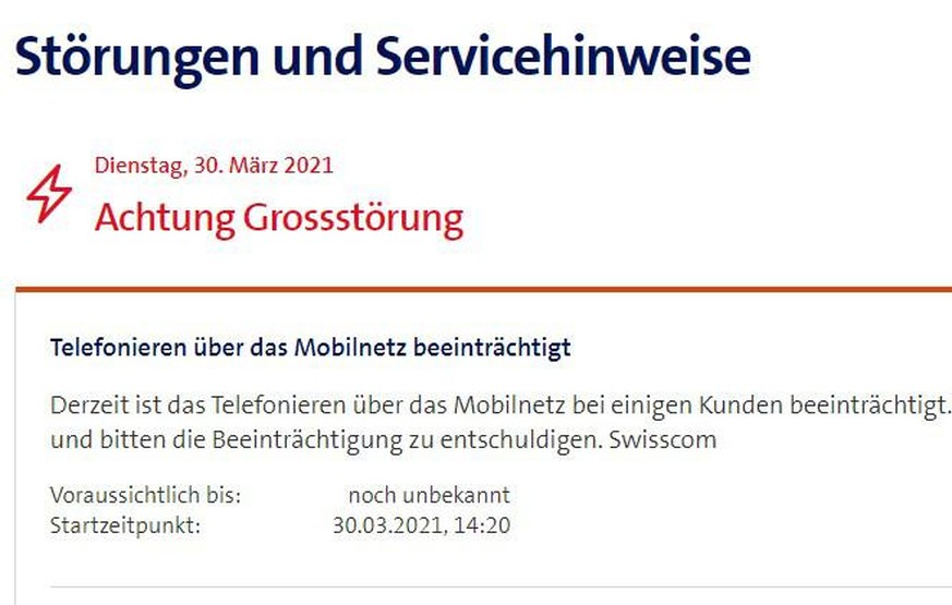 Aktuelle Warnung auf der Störungs-Webseite von Swisscom.