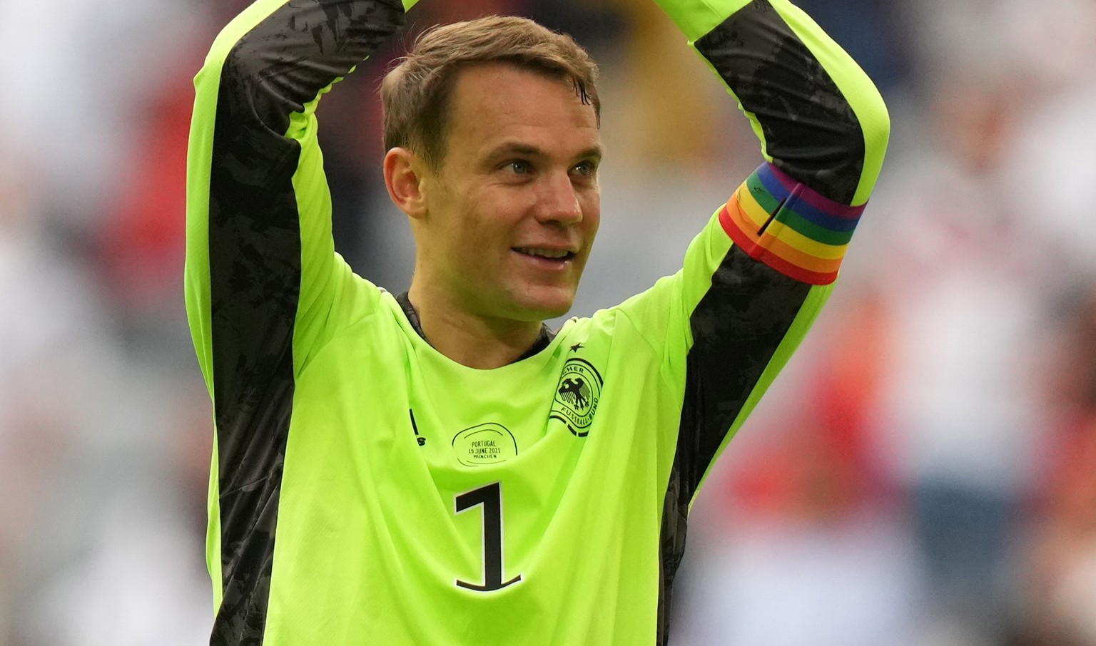 epa09286561 Goalkeeper Manuel Neuer of Germany reacts after the UEFA EURO 2020 group F preliminary round soccer match between Portugal and Germany in Munich, Germany, 19 June 2021. EPA/Matthias Schrad ...