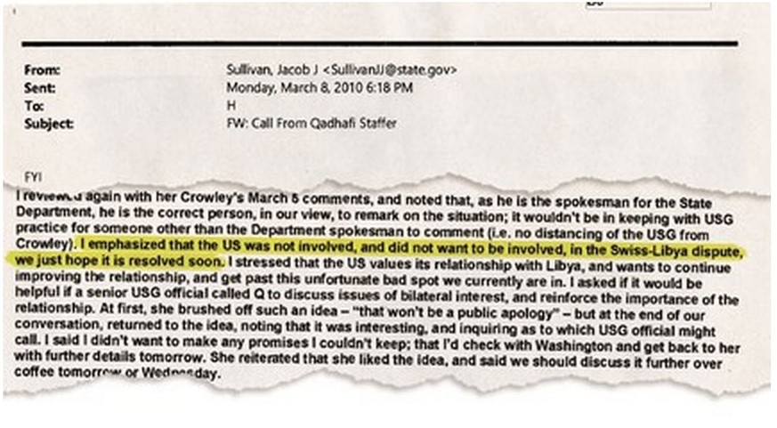 Eine E-Mail vom Server der ehemaligen US-Aussenministerin Hillary Clinton (siehe Ausriss) legt nahe: Die USA wollten 2010 auf keinen Fall in die schweizerisch-libysche Geiselkrise mit Muammar al-Gadda ...