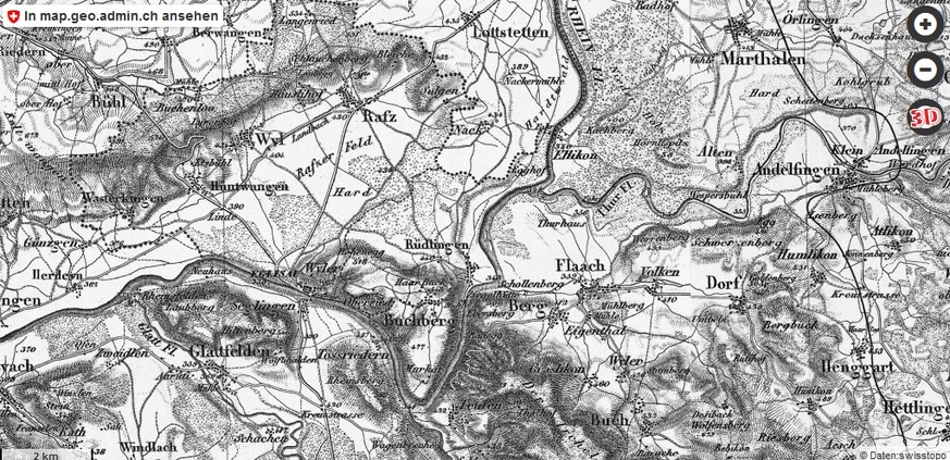Karte: Die Landesgrenze beim Rafzerfeld auf der Dufourkarte von 1863.