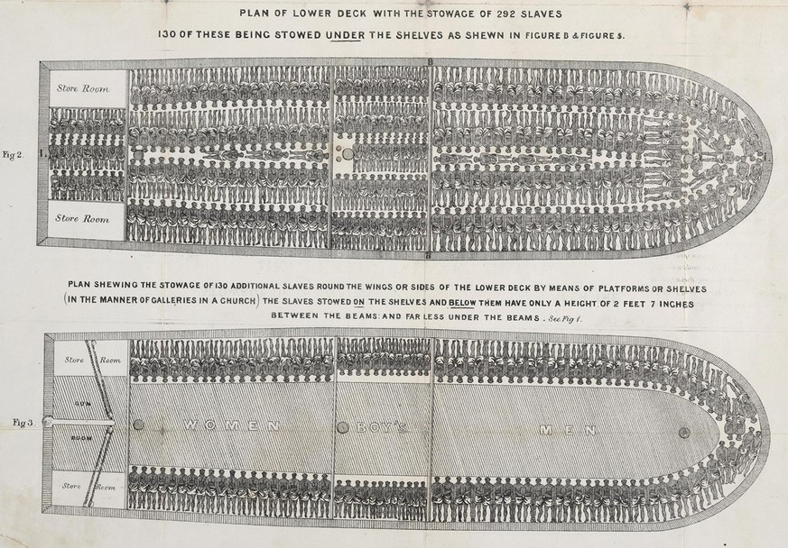 Die Sklaven wurden auf engstem Raum im Schiffsbauch zusammengepfercht und aneinandergebunden. Beladungsplan eines britischen Sklavenschiffs, 1788.